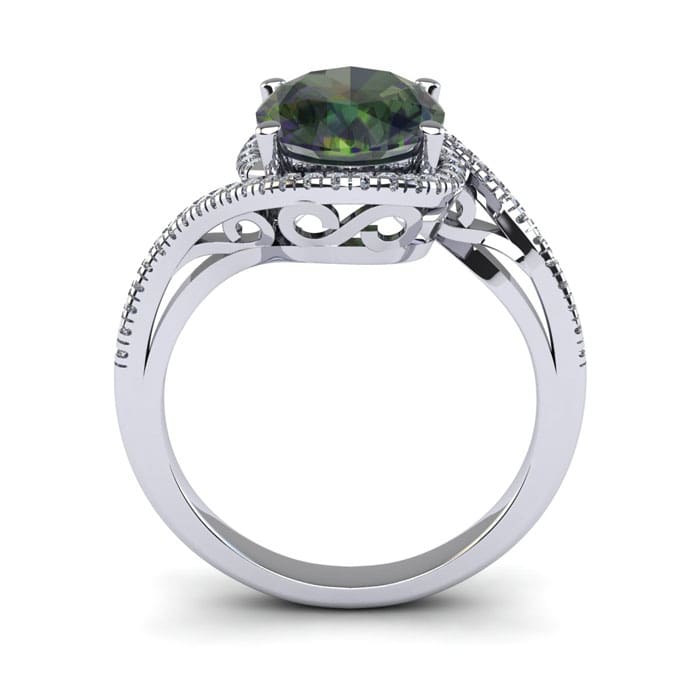 1-1/3 Carat Oval Shape Mystic Topaz Ring With Swirling Diamond Halo In 14 Karat White Gold