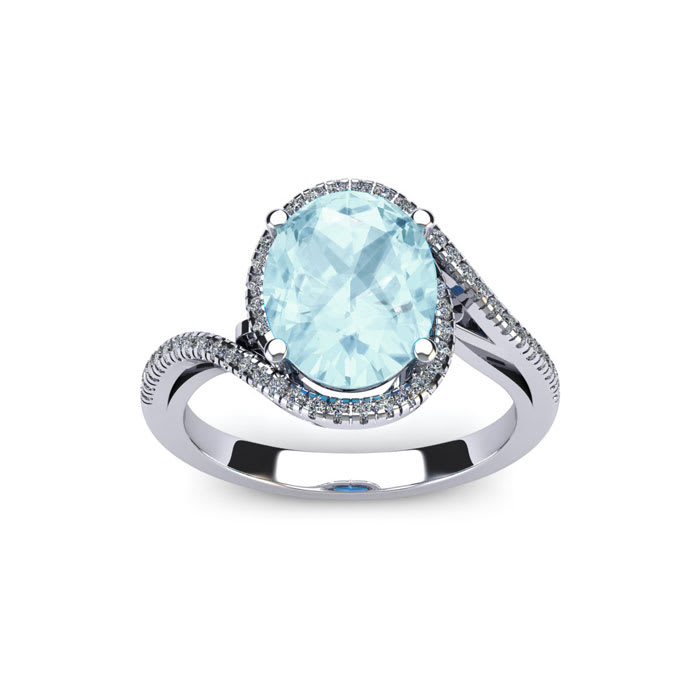 Aquamarine Ring: Aquamarine Jewelry: 1 1/3 Carat Oval Shape Aquamarine and Halo Diamond Ring In 14 Karat White Gold