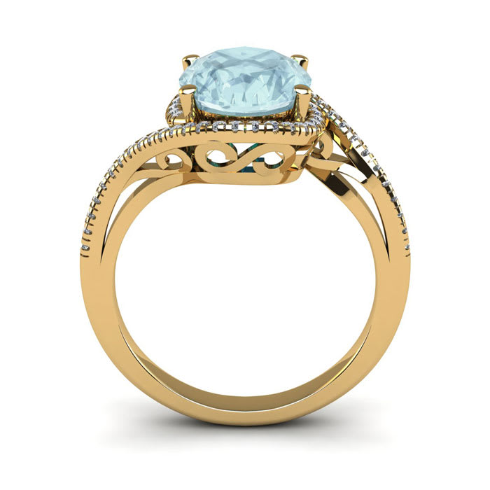 Aquamarine Ring: Aquamarine Jewelry: 1 1/3 Carat Oval Shape Aquamarine and Halo Diamond Ring In 14 Karat Yellow Gold
