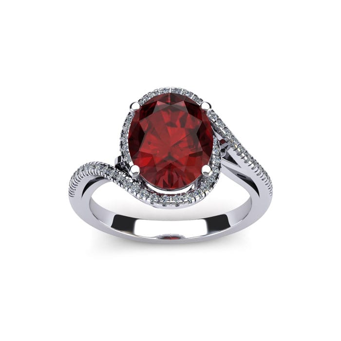 Garnet Ring: Garnet Jewelry: 1 3/4 Carat Oval Shape Garnet and Halo Diamond Ring In 14 Karat White Gold