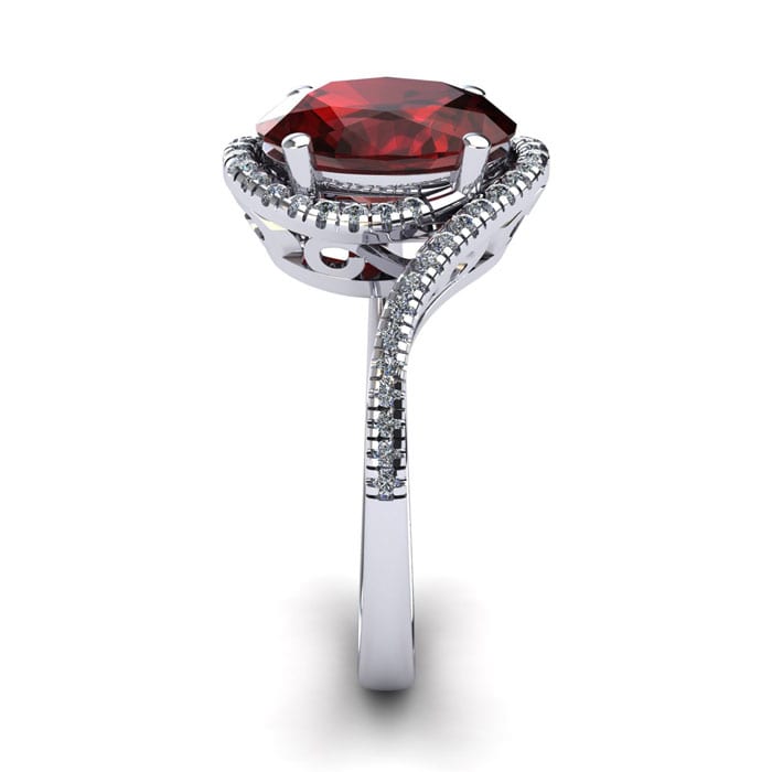 Garnet Ring: Garnet Jewelry: 1 3/4 Carat Oval Shape Garnet and Halo Diamond Ring In 14 Karat White Gold