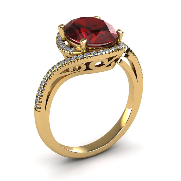Garnet Ring: Garnet Jewelry: 1 3/4 Carat Oval Shape Garnet and Halo Diamond Ring In 14 Karat Yellow Gold