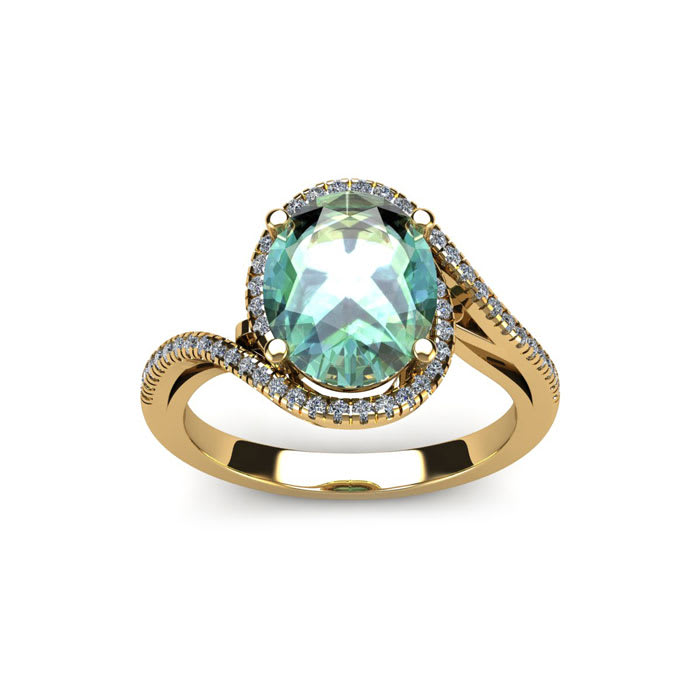 1 1/3 Carat Oval Shape Green Amethyst and Halo Diamond Ring In 14 Karat Yellow Gold