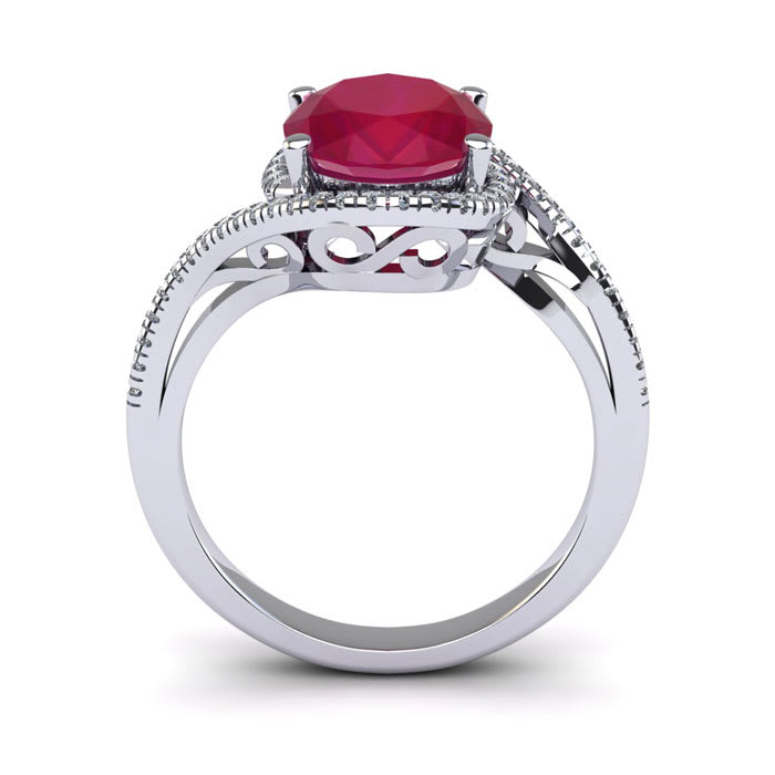 1 3/4 Carat Oval Shape Ruby and Halo Diamond Ring In 14 Karat White Gold