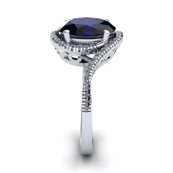 1 3/4 Carat Oval Shape Sapphire and Halo Diamond Ring In 14 Karat White Gold