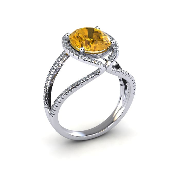 1 1/2 Carat Oval Shape Citrine and Halo Diamond Ring In 14 Karat White Gold