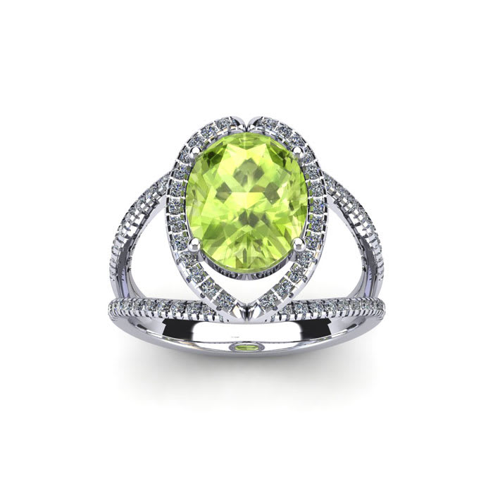 1 3/4 Carat Oval Shape Peridot and Halo Diamond Ring In 14 Karat White Gold
