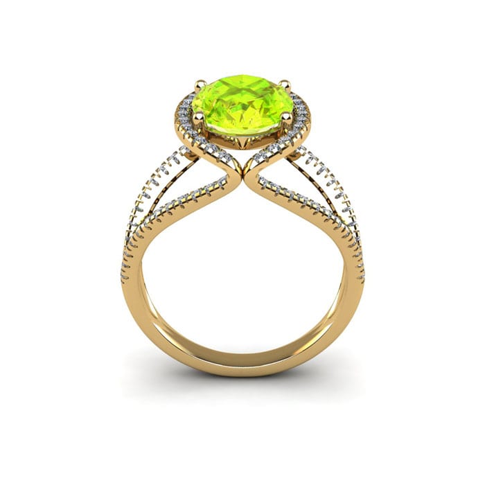 1 3/4 Carat Oval Shape Peridot and Halo Diamond Ring In 14 Karat Yellow Gold