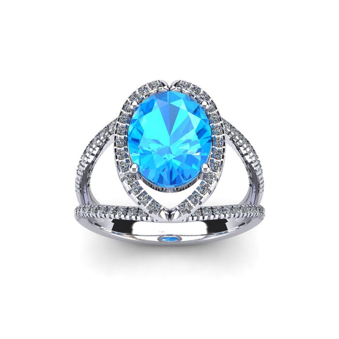 2 Carat Oval Shape Blue Topaz and Halo Diamond Ring In 14 Karat White Gold