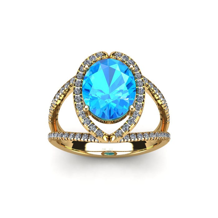 2 Carat Oval Shape Blue Topaz and Halo Diamond Ring In 14 Karat Yellow Gold
