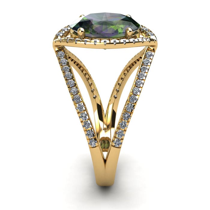 1-1/2 Carat Oval Shape Mystic Topaz Ring With Fancy Diamond Halo In 14 Karat Yellow Gold