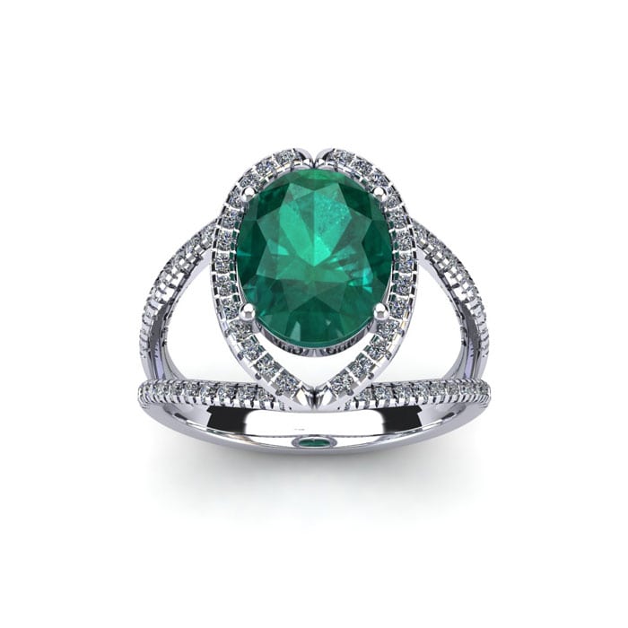 1 1/2 Carat Oval Shape Emerald and Halo Diamond Ring In 14 Karat White Gold

