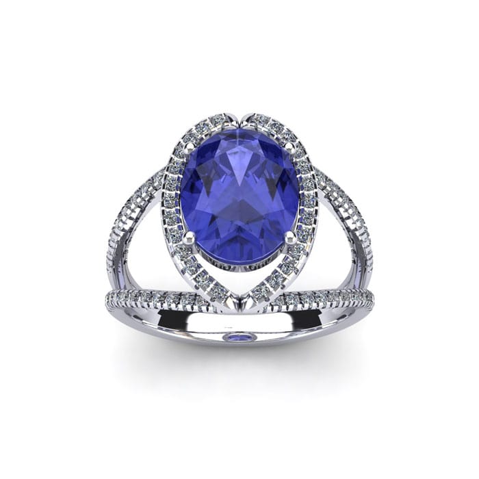 1 3/4 Carat Oval Shape Tanzanite and Halo Diamond Ring In 14 Karat White Gold
