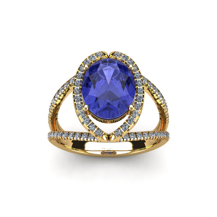 1 3/4 Carat Oval Shape Tanzanite and Halo Diamond Ring In 14 Karat Yellow Gold

