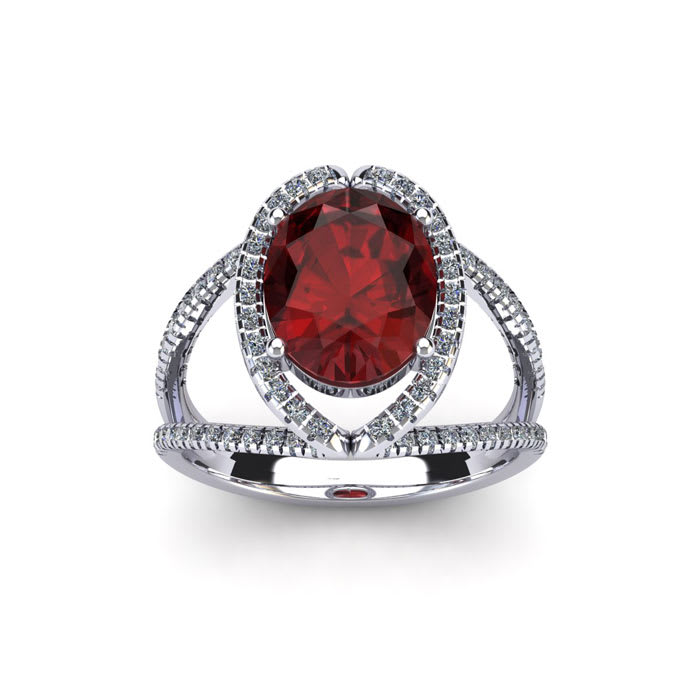 Garnet Ring: Garnet Jewelry: 2 Carat Oval Shape Garnet and Halo Diamond Ring In 14 Karat White Gold
