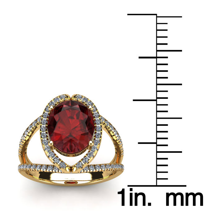 Garnet Ring: Garnet Jewelry: 2 Carat Oval Shape Garnet and Halo Diamond Ring In 14 Karat Yellow Gold
