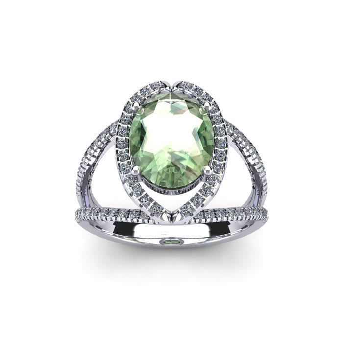 1 1/2 Carat Oval Shape Green Amethyst and Halo Diamond Ring In 14 Karat White Gold

