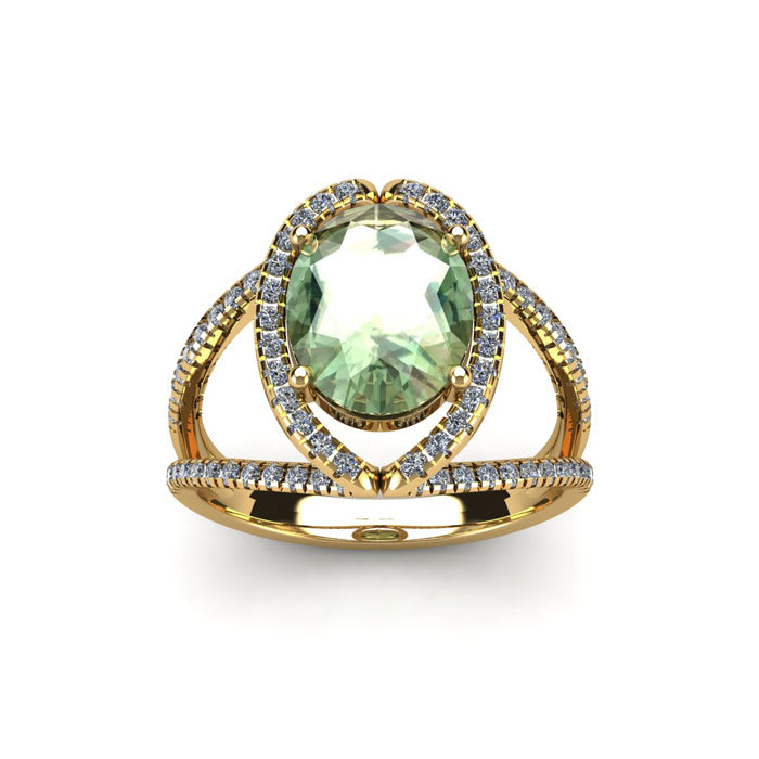 1 1/2 Carat Oval Shape Green Amethyst and Halo Diamond Ring In 14 Karat Yellow Gold
