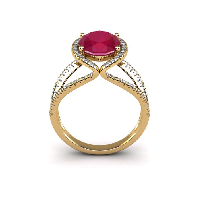 2 Carat Oval Shape Ruby and Halo Diamond Ring In 14 Karat Yellow Gold
