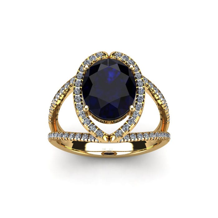 2 Carat Oval Shape Sapphire and Halo Diamond Ring In 14 Karat Yellow Gold