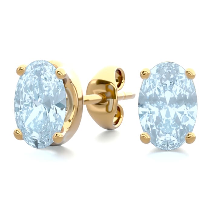 Aquamarine Earrings: Aquamarine Jewelry: 1 Carat Oval Shape Aquamarine Stud Earrings In 14K Yellow Gold Over Sterling Silver