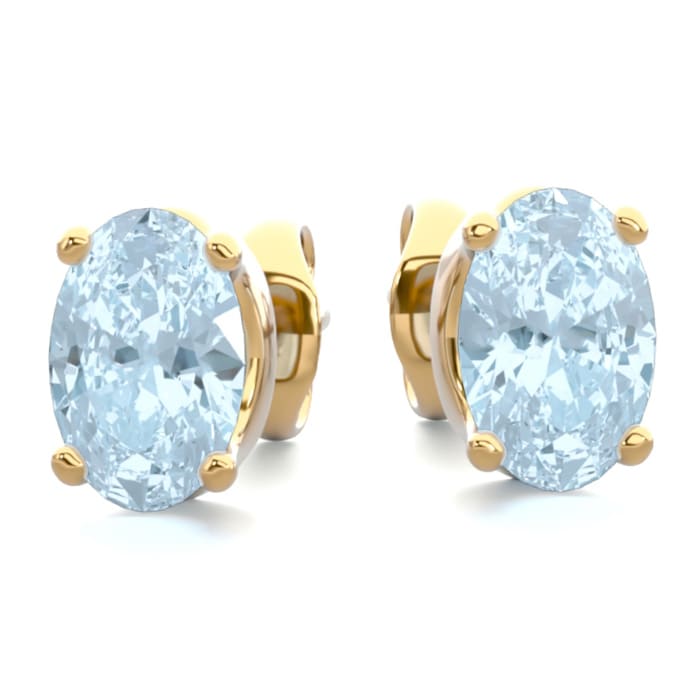 Aquamarine Earrings: Aquamarine Jewelry: 1 Carat Oval Shape Aquamarine Stud Earrings In 14K Yellow Gold Over Sterling Silver