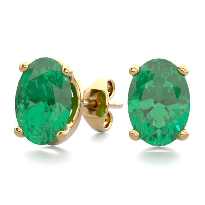 1 1/2 Carat Oval Shape Emerald Stud Earrings In 14K Yellow Gold Over Sterling Silver