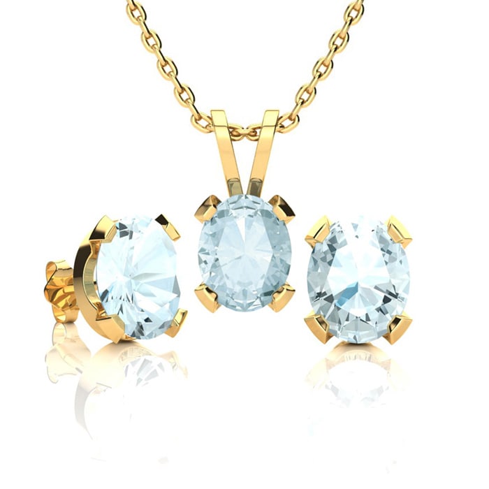 Aquamarine Necklace: Aquamarine Jewelry: 3 Carat Oval Shape Aquamarine Necklace and Earring Set In 14K Yellow Gold Over Sterling Silver