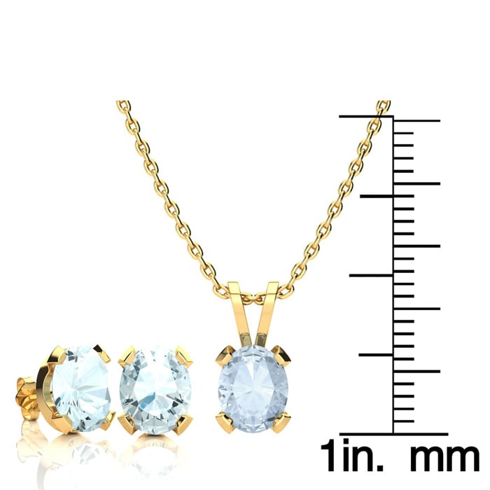 Aquamarine Necklace: Aquamarine Jewelry: 3 Carat Oval Shape Aquamarine Necklace and Earring Set In 14K Yellow Gold Over Sterling Silver