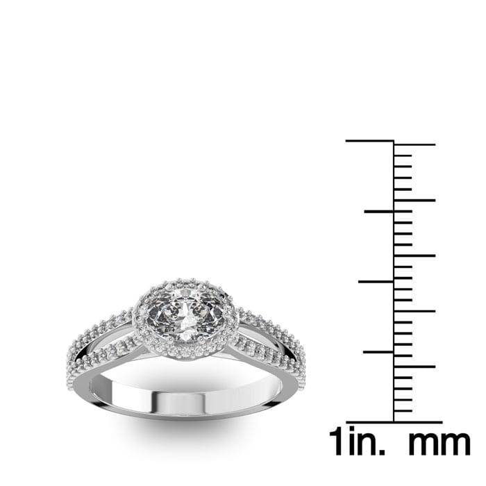 1 Carat Oval Halo Diamond Engagement Ring in 14 Karat White Gold, Split Shank