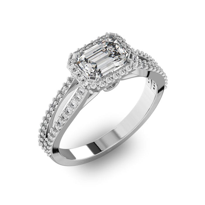 1 1/2 Carat Halo Diamond Engagement Ring in 14 Karat White Gold, Split Shank