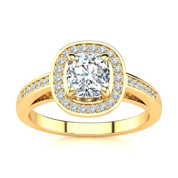 1 1/4 Carat Cushion Cut Halo Diamond Engagement Ring In 14 Karat Yellow Gold