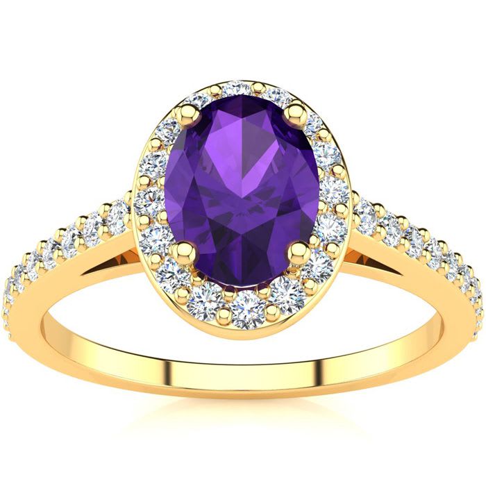 1 Carat Oval Shape Amethyst and Halo Diamond Ring In 14 Karat Yellow Gold