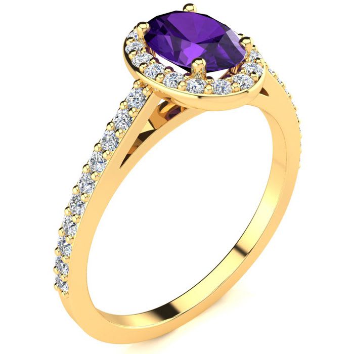 1 Carat Oval Shape Amethyst and Halo Diamond Ring In 14 Karat Yellow Gold