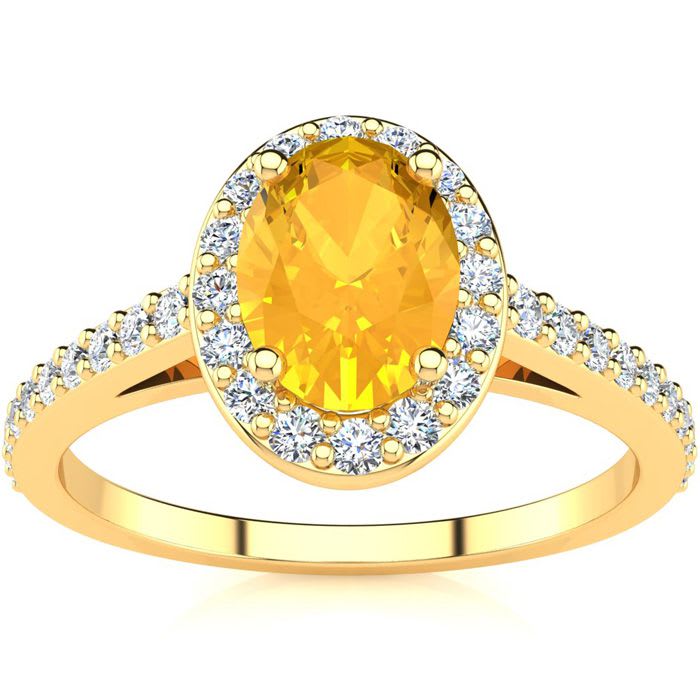 1 Carat Oval Shape Citrine and Halo Diamond Ring In 14 Karat Yellow Gold