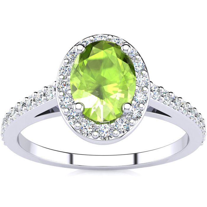 1 Carat Oval Shape Peridot and Halo Diamond Ring In 14 Karat White Gold