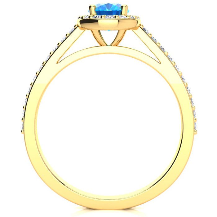 1 1/3 Carat Oval Shape Blue Topaz and Halo Diamond Ring In 14 Karat Yellow Gold