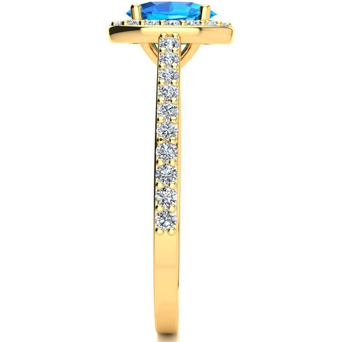 1 1/3 Carat Oval Shape Blue Topaz and Halo Diamond Ring In 14 Karat Yellow Gold