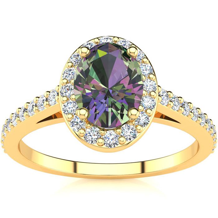 1 Carat Oval Shape Mystic Topaz Ring With Diamond Halo In 14 Karat Yellow Gold
