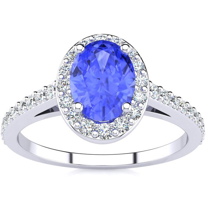 1 1/4 Carat Oval Shape Tanzanite and Halo Diamond Ring In 14 Karat White Gold