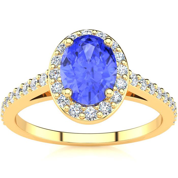 1 1/4 Carat Oval Shape Tanzanite and Halo Diamond Ring In 14 Karat Yellow Gold