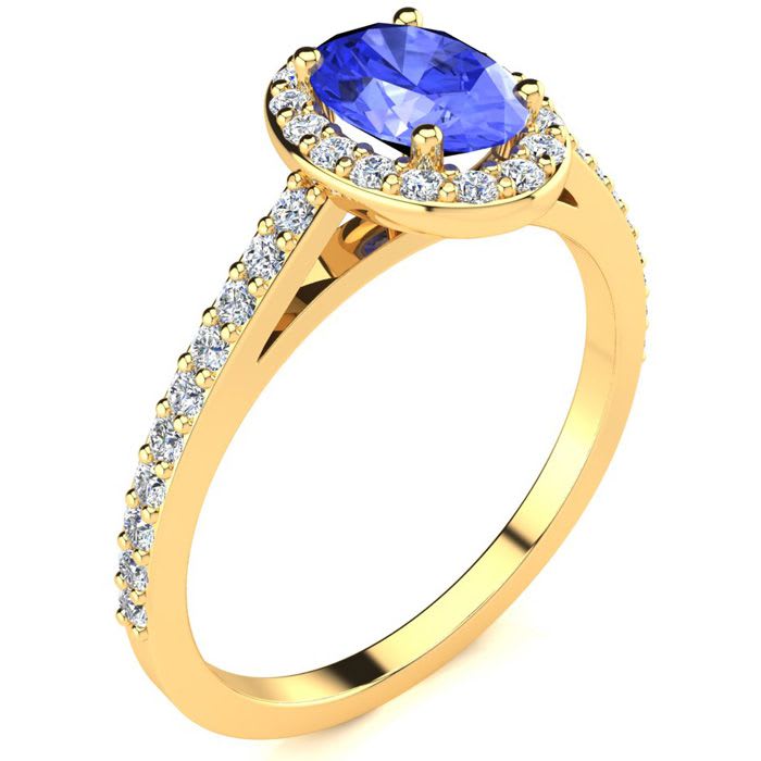 1 1/4 Carat Oval Shape Tanzanite and Halo Diamond Ring In 14 Karat Yellow Gold