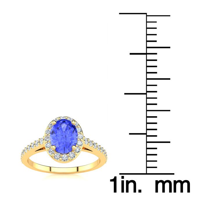 1 1/4 Carat Oval Shape Tanzanite and Halo Diamond Ring In 14 Karat Yellow Gold