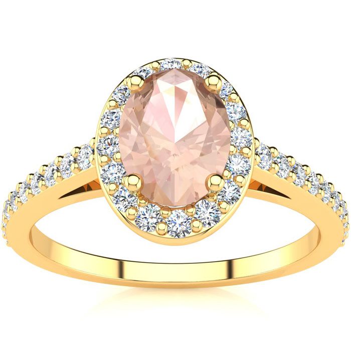 1 Carat Oval Shape Morganite and Halo Diamond Ring In 14 Karat Yellow Gold