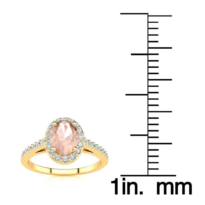 1 Carat Oval Shape Morganite and Halo Diamond Ring In 14 Karat Yellow Gold