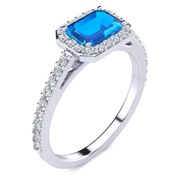 1 1/2 Carat Blue Topaz and Halo Diamond Ring In 14 Karat White Gold