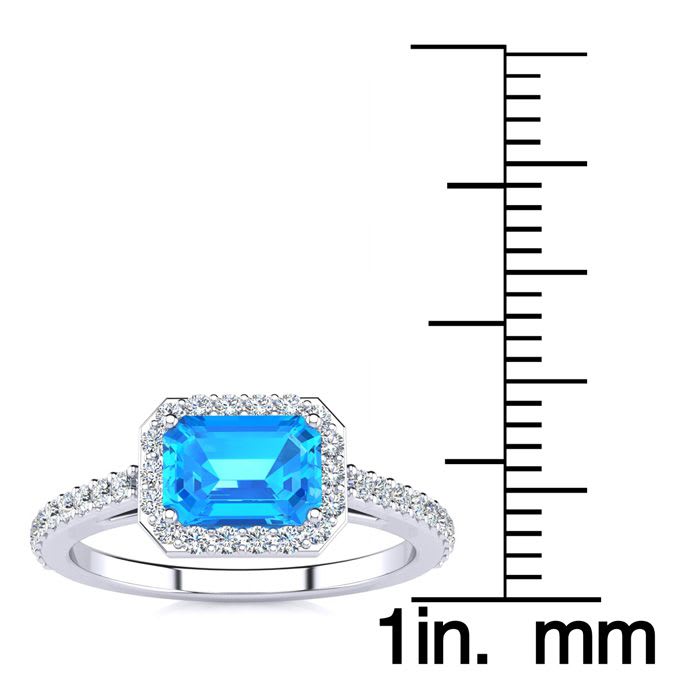1 1/2 Carat Blue Topaz and Halo Diamond Ring In 14 Karat White Gold