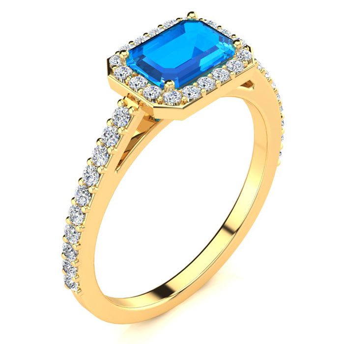 1 1/2 Carat Blue Topaz and Halo Diamond Ring In 14 Karat Yellow Gold