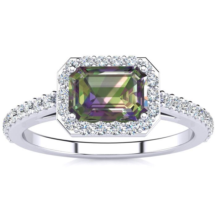 1-1/4 Carat Octagon Shape Mystic Topaz Ring With Diamond Halo In 14 Karat White Gold