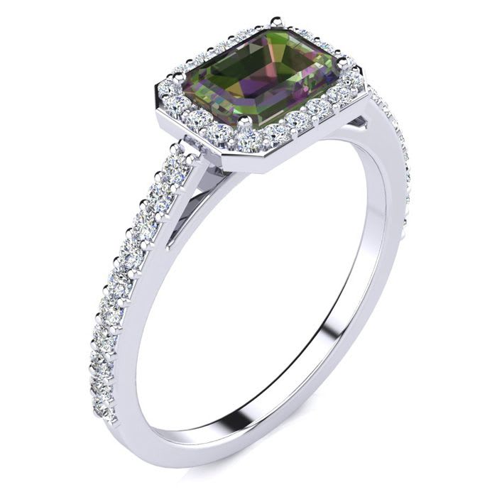 1-1/4 Carat Octagon Shape Mystic Topaz Ring With Diamond Halo In 14 Karat White Gold